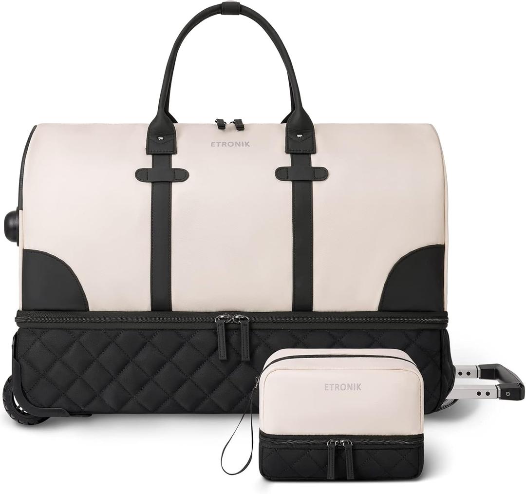 ETRONIK Rolling Duffle with Wheels, 23 Inch Large Carry on Luggage for Women with Shoe Compartment, Duffle Bag for Travel with Toiletry Bag, Beige