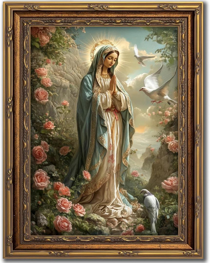 FGQ Vintage Gold Framed Blessed Mother Art Canvas Wall Art Virgin Mary Among Roses Painting Artwork Catholic Prints Our Lady of Guadalupe Portrait Poster Christian Gifts Religious Picture 16x24inch