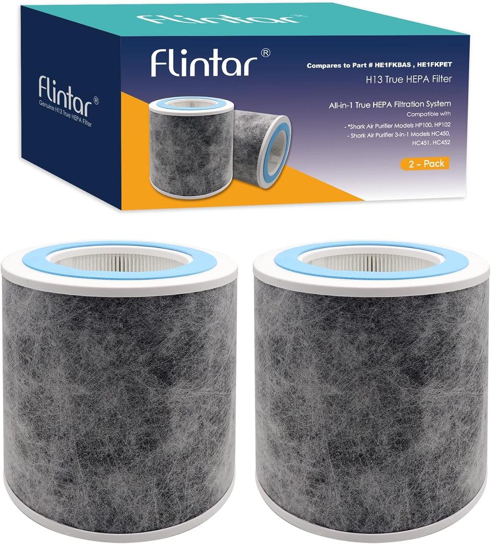 Flintar HP102 Replacement Filter, Made in TAIWAN, Compatible with Shark Air Purifier HP100, HP102, HC450, HC451, HC452, HC455, Compares to Part # HE1FKBAS and HE1FKPET (2-Pack)