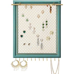 Heesch Hanging Earring Organizer Frame Wall Mounted Jewelry Holder Vintage Rustic Stud Earring Display with Removable Rod and 12 Hooks for Necklaces, Bracelets and Rings (Teal)