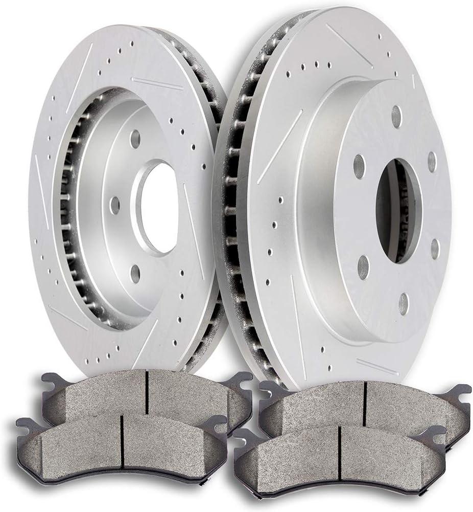 SCITOO Brake Kits - (2) Front Drilled and Slotted Brake Rotors (4) Ceramic Pads for Cadillac Escalade ESV EXT, for Chevy Astro Avalanche Silverado Suburban,1500 Tahoe, for GMC Safari Sierra,1500