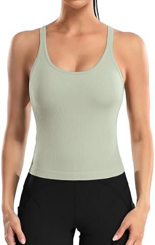 Women Ribbed Workout Crop Tops with Built in Bra Yoga Racerback Tank Top Tight Fit, M, Light Green