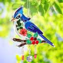 KY&BOSAM Blue Bird Suncatcher Merry Christmas Stained Glass Panel Suncathers for Windows Wind Chime Hanging Ornament with Pressed Flower and Metal Heart Charm Birthday Gift for Women Christmas Decor