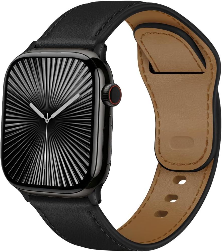 Genuine Leather Band for Apple Watch Bands 44mm 45mm 46mm Ultra/3/2 49mm 42mm 41mm 40mm 38mm iWatch Bands Men Women,Top Grain Leather Strap Wristband for Apple Watch Series 11 10 9 8 7 6 5 4 3 SE 3/2 (01-Black)