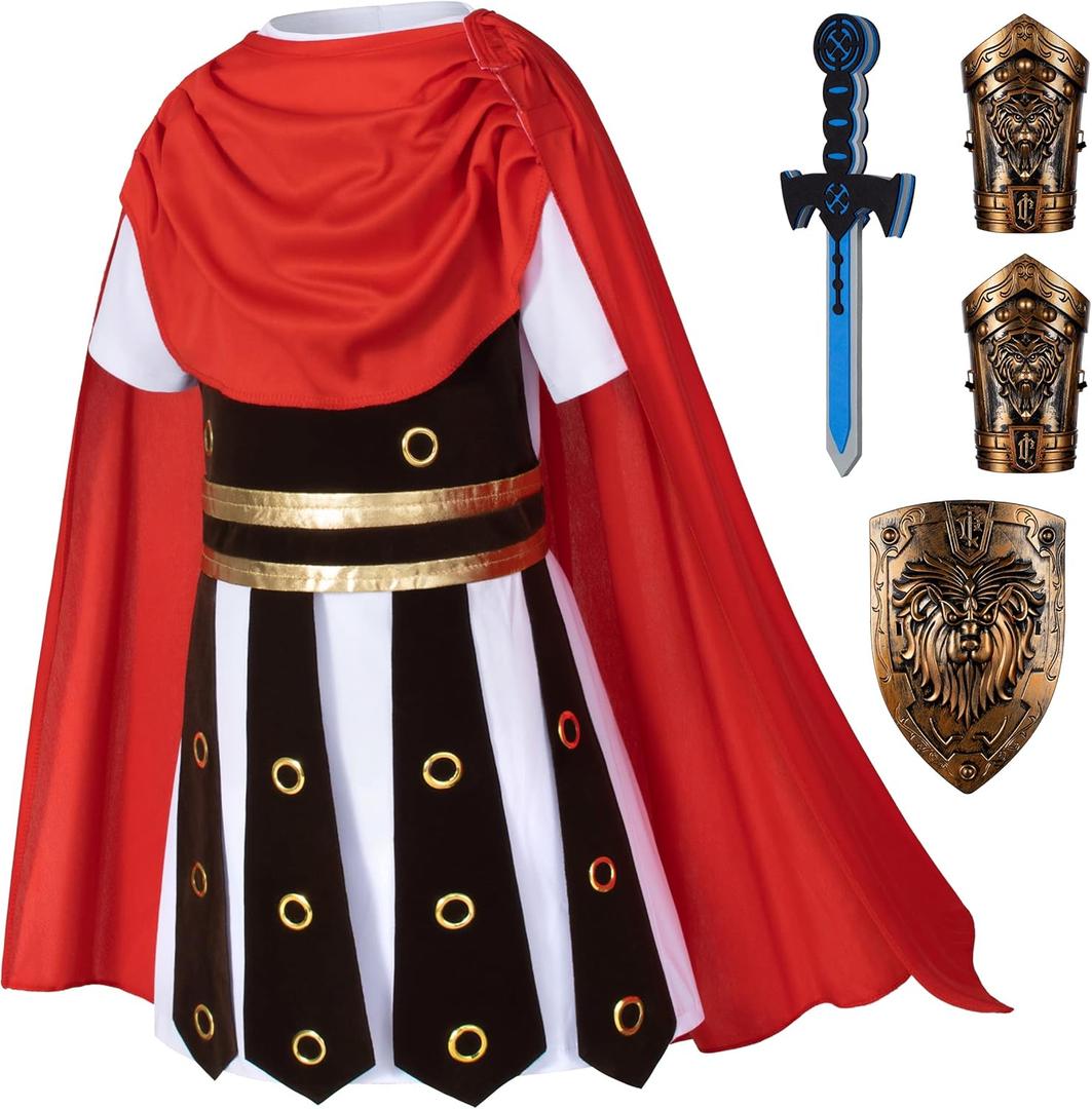 Child Medieval Roman Warrior Knight Renaissance Performance Costume with Accessories (4-5Years(120cm), White)