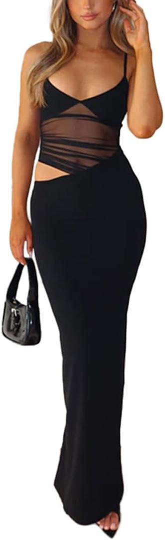 Women's Sexy V Neck Spaghetti Strap Bodycon Maxi Dress Backless Mesh Cut Out Cocktail Long Formal Dresses, S