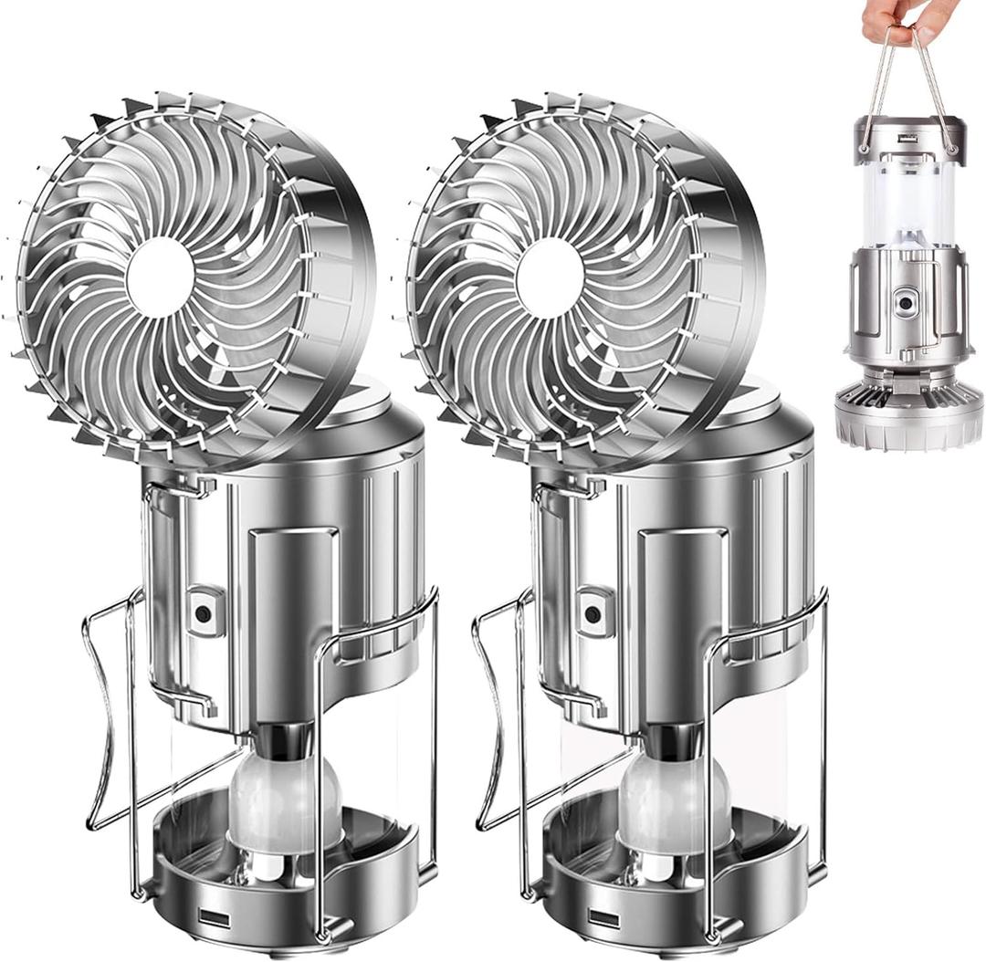 Camping Lantern with Fan, Flashlight Lantern Collapsible-USB Rechargeable, Solar & Battery Powered Camping Lampp for Picnic, Barbecue, Fishing, Travel Rechargeable Emergency Light (2Pack Sliver)