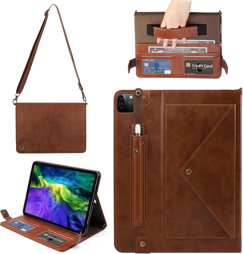 Handbag Case for iPad Pro 12.9-inch (4th/5th/6th Generation) & iPad Air 13 2024, Techcircle Folio Stand PU Leather Crossbody Wallet Case with Pencil Holder, Hand Strap & Shoulder Strap, Coffee