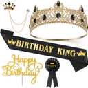 Junkin 5 Pieces Birthday Accessories Include Man Birthday King Crown Birthday King Sash Tinplate Badge Pin Brooch Hanging Chain Men Birthday Crown for Man Birthday Party
