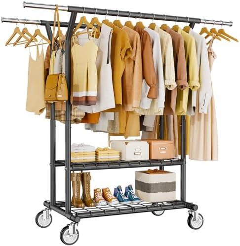 HYSEYY Heavy Duty Clothes Rack, Rolling Clothing Rack With Shelves Load 620 LBS, Double Rod Clothing Racks for Hanging Clothes, Portable& Adjustable Clothes Rack with Wheels,Black