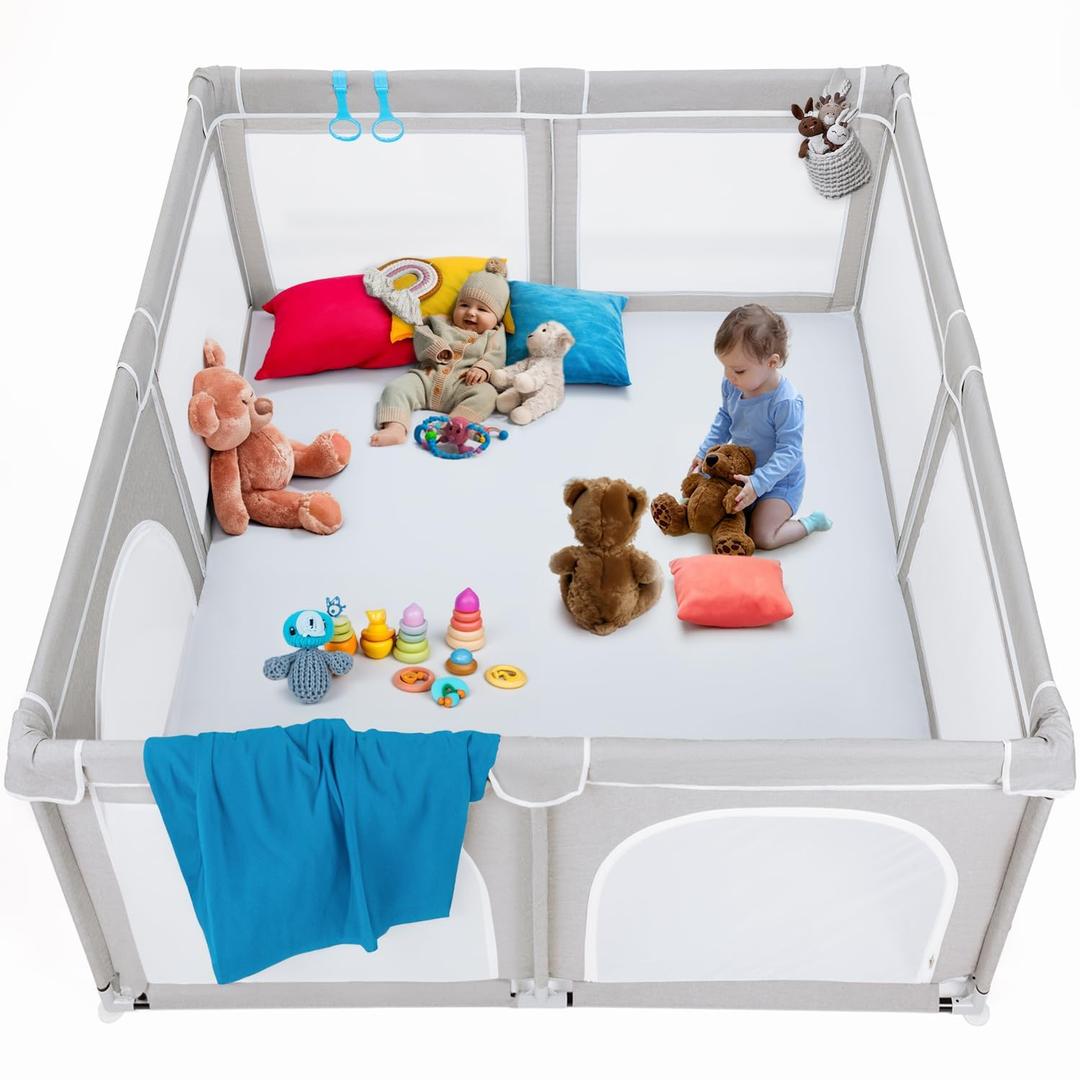 TODALE Extra Large Playpen for Babies and Toddlers - 79"x70" Tear-Resistant Indoor/Outdoor Yard with Safety Gate in Grey for Infants & Toddlers - Foldable Baby Playpen
