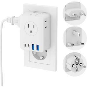 Kakyanill European Travel Plug Adapter, Detachable Adapter Type C/G/E/F Plug, 4 AC Outlets, 4 USB Ports (2 USB C), EU UK Germay France Greece Travel Plug Adapter