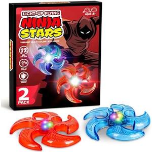 ArtCreativity Light Up Flying Ninja Stars Set, 2 Rubber Throwing Stars with Batteries, Interactive Ninja Kids Toys for Tossing, Games, 2 Colors, Gift for Kids Red and Blue Stars