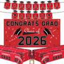 Graduation Decorations 2026 - Red Congrats Grad Banner Backdrop Tablecloth Set - Graduation Decorations Class of 2026 | Graduation Party Favors Supplies
