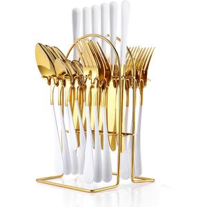 24 Pieces Silverware Set, Stainless Steel Flatware Set with Silverware Holder Spoons Forks Knives, Utensils Set Service for 6, Gold Mirror Polished and Matte Painted Cutlery Set (White)