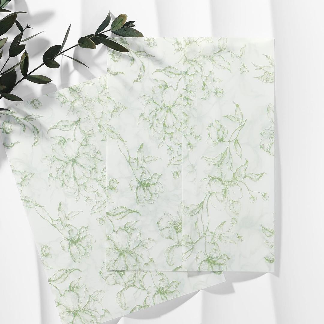 UNIQOOO 50 Pack Pre-Folded Green Grace Bloom Vellum Jackets for 5x7 Invitations, 115GSM Transparent Vellum Jacket for Vintage Themed Wedding & Events