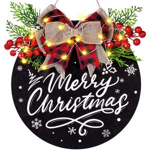 Christmas Door Sign, Christmas Wreaths for Front Door, Farmhouse Winter Holiday Wooden Hanging Sign for Indoor Outdoor Porch Wall Window Home Decor