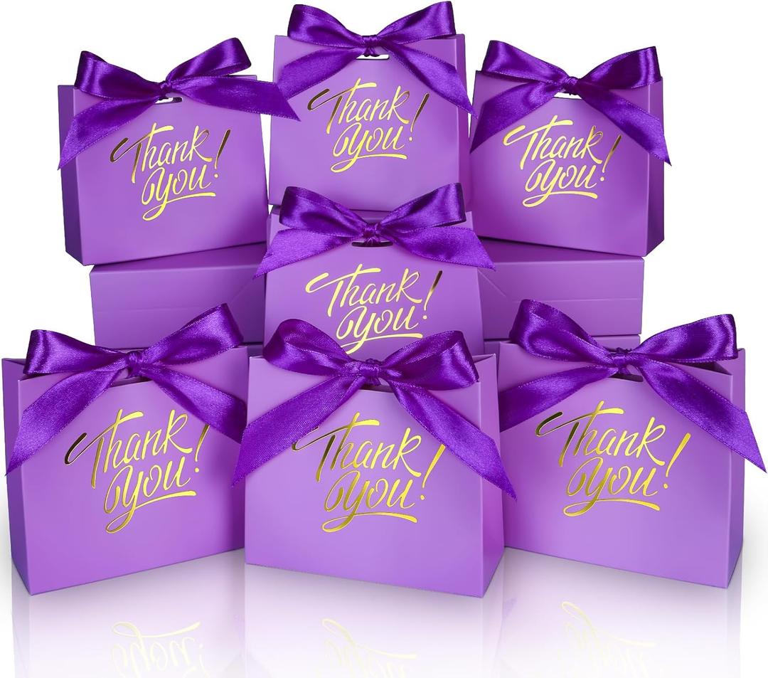 60 Pack Small Thank You Gift Bags, 4.5x1.8x3.9in Party Favor Bags Boxes with Bow Ribbon, Small Paper Gift Bags with Gold Foil Printed, Mini Candy Treat Bags for Birthday Wedding Party Holiday (Purple)
