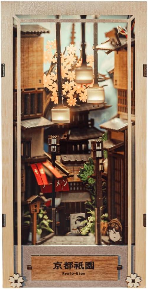 Anavrin Book Nook Kit Kyoto Gion – DIY 3D Wooden Booknook for Adults, Teens and Book Lovers, Bookshelf Insert Library Decor, Creative Gift for Family, Friends, and Elderly