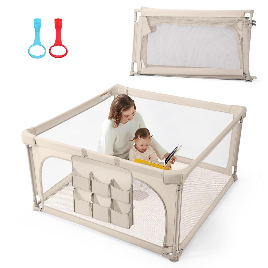 Baby Playpen,47"x47" Foldable Playpen for Babies and Toddlers,Large Play Pen with Zipper Door,Baby Play Pen Play Area(Light Khaki)