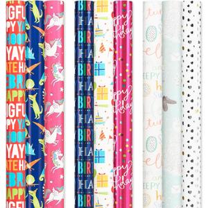 American Greetings Reversible Birthday, Baby, Wedding, and All Occasion Wrapping Paper, Unicorns and Dinosaurs (9 Rolls, 225 sq. ft.)