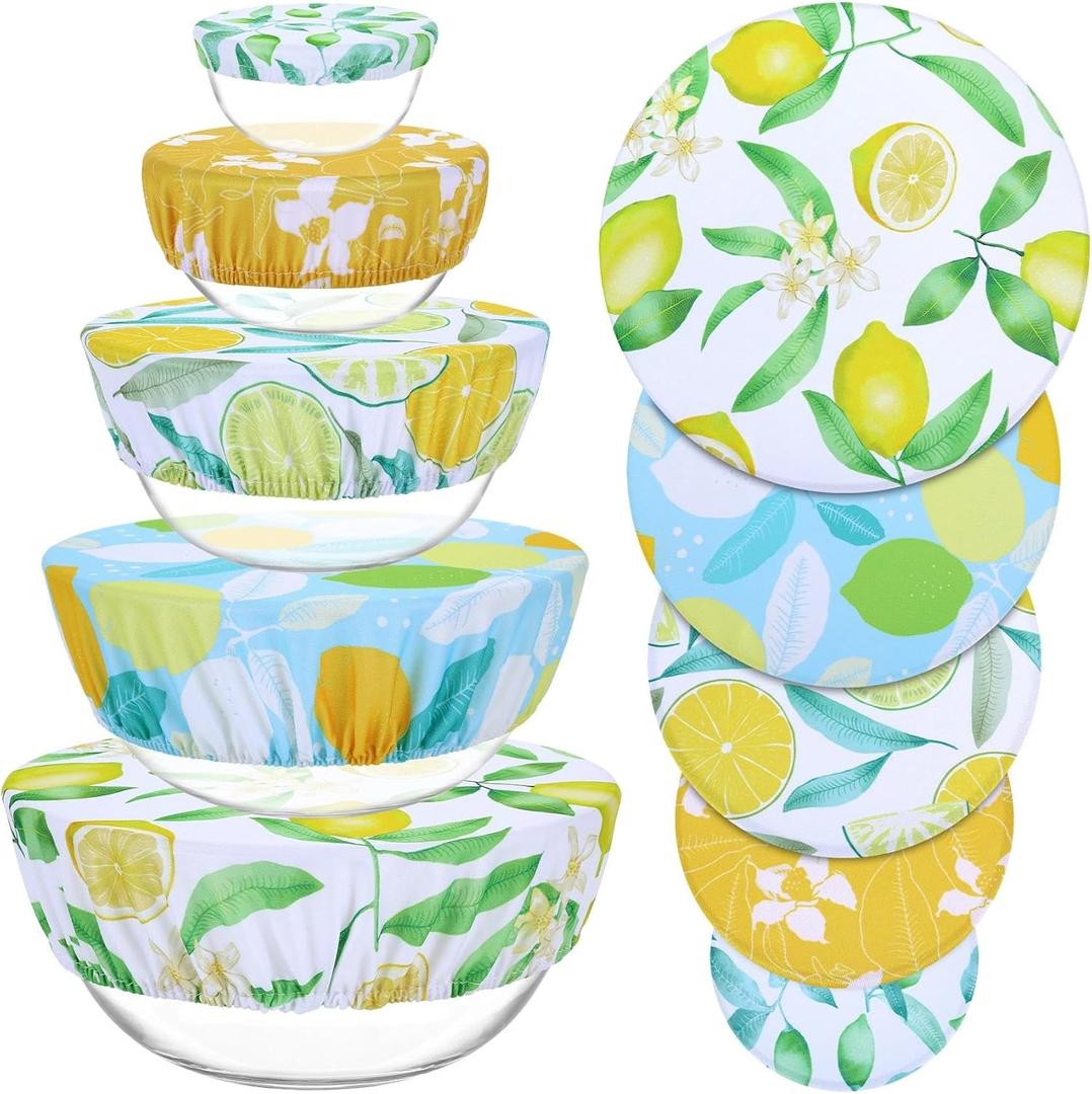 5 Pieces Bowl Covers Reusable, 5 Size Elastic Cloth Bowl Covers for Bread Proofing Stretch Food Covers Washable for Food Fruits Leftover (Lemon)