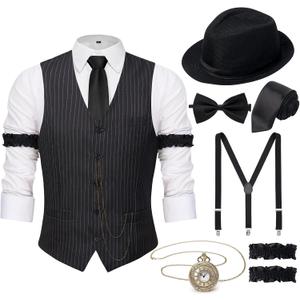 YESSA 1920s Mens Costume,1920 Mens Outfit,Roaring 20s Costumes for Men,1920s Hat Vest Pocket Watch Suspenders Tie (Black, L)