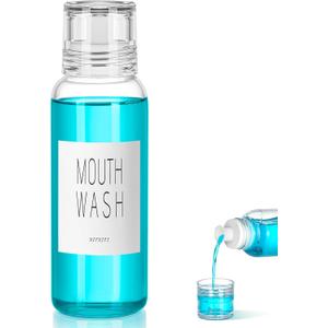 VITVITI Glass Mouthwash Dispenser for Bathroom, 10 OZ Mouth Wash Container Bottle with Lid Cup, Countertop Small Clear Refillable Mouthwash Dispensers Decanter (White)