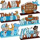 6 Pcs Cowboy Baby Shower Decorations Wooden Western Centerpieces for Tables with Base Little Cowboy Decorations Wild Western Party Decoration Table Topper Supplies for Rodeo Birthday Party