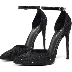 Elisabet Tang High Heels, Women Pumps D'Orsay Ankle Strap Pointed Toe Stiletto Heels Rhinestone Party Wedding Shoes Black Rhinestone Size 8