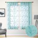 HOMEIDEAS Turquoise Aqua Sheer Curtains 52 X 63 Inches Length 2 Panels Embroidered Leaf Pattern Pocket Faux Linen Floral Teal Voile Window Drapes for Bedroom Living Room (52"W x 63"L (Pack of 2), 5-turquoise)