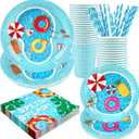Pool Party Supplies Decorations, Disposable Summer Kids Birthday Paper Plates and Napkins Set with Cups and Straws for 24 Guests, 120 Pcs Beach Party Dessert Dinnerwares