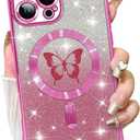Fiyart Designed for iPhone 16 Pro Max Case,Compatible with MagSafe Plating Camera Protection Butterflies Phone Cover, Magnetic Glitter for Women Girls Shockproof Bumper 6.7"-Rose Purple