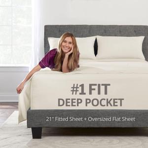 Extra Deep Pocket King Bed-Sheets  4-Piece Includes: 18-21 Inch Super Extra Deep Pocket Fitted Sheet  Real Oversize Flat Sheet  2 Zipper Closure Pillowcases  King Size  Ivory (Off White)
