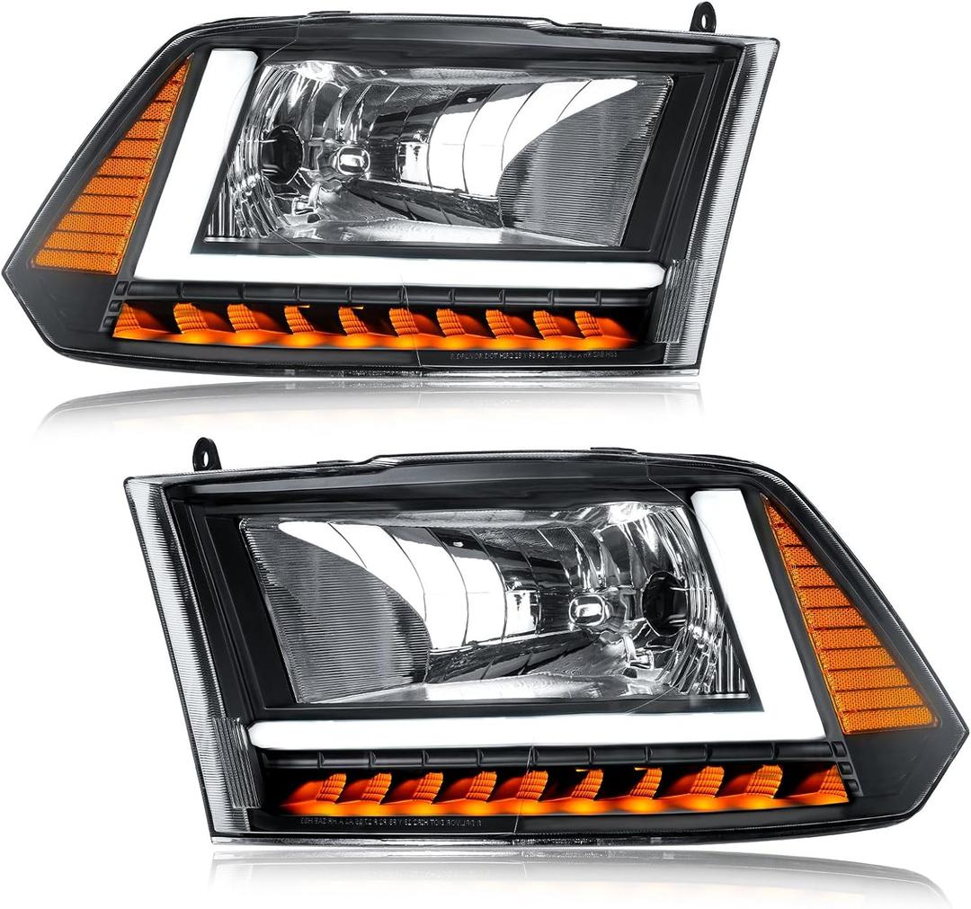 Headlights for 2009-2018 Dodge Ram 1500 2010-2018 Dodge Ram 2500 3500 4500 5500 ST Tradesman w/LED DRL (Only Fit Factory Dual Halogen) Amber Reflector Black Housing Need H4 Bulb