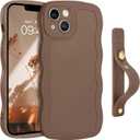 GUAGUA for iPhone 13 Case with Wrist Strap, iPhone 13 Wavy Phone Case Cute Curly Wave Shape Design with Adjustable Wristband Kickstand Shockproof Protective Phone Case for iPhone 13 6.1 Inch, Brown