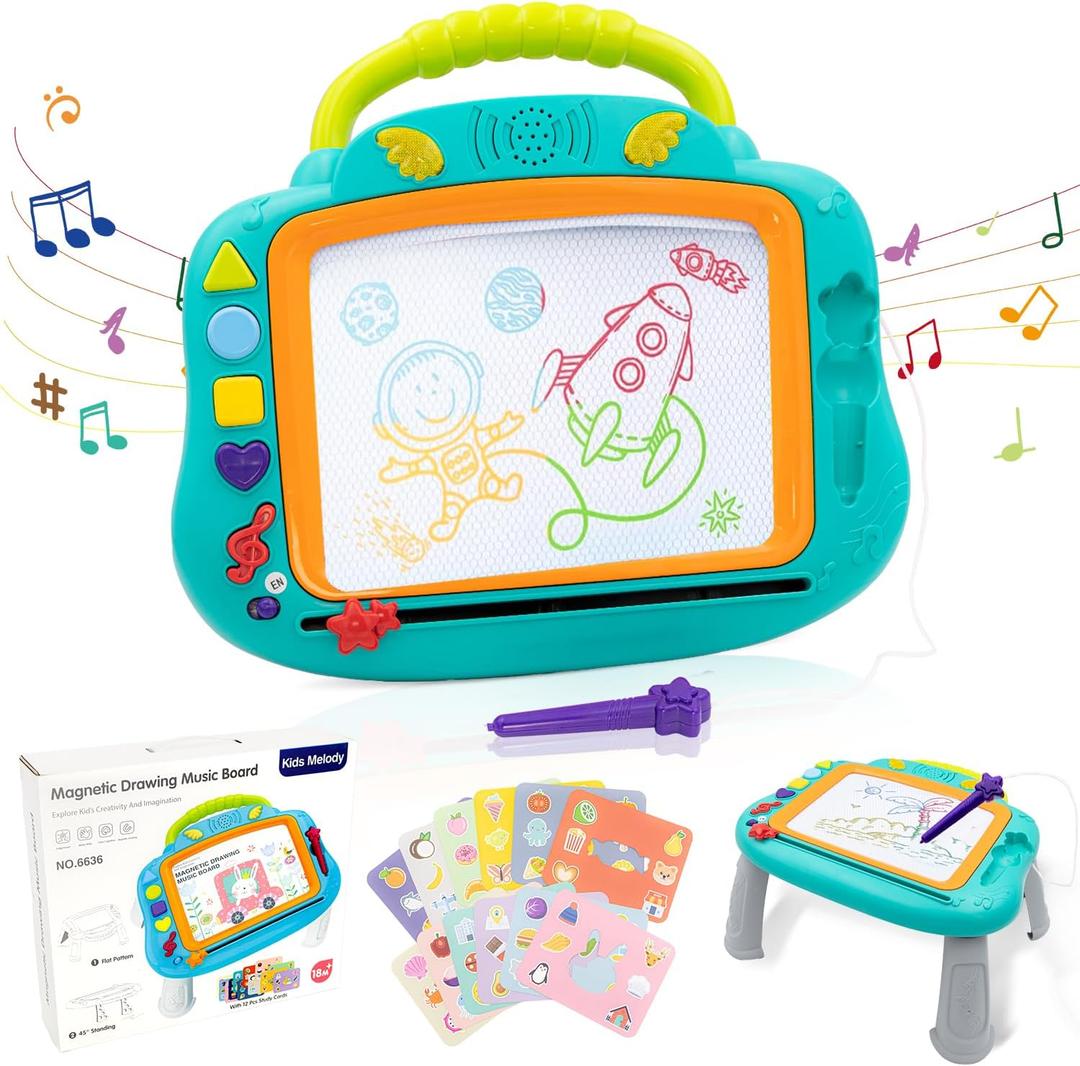 Magnetic Drawing Board, 3IN1 Light Up Musical Doodle Board for Toddler Age 1-2, Educational Learning Toys with 12 Drawing Cards for Kids 2 3 4 5 Girl Boys Birthday (Green)
