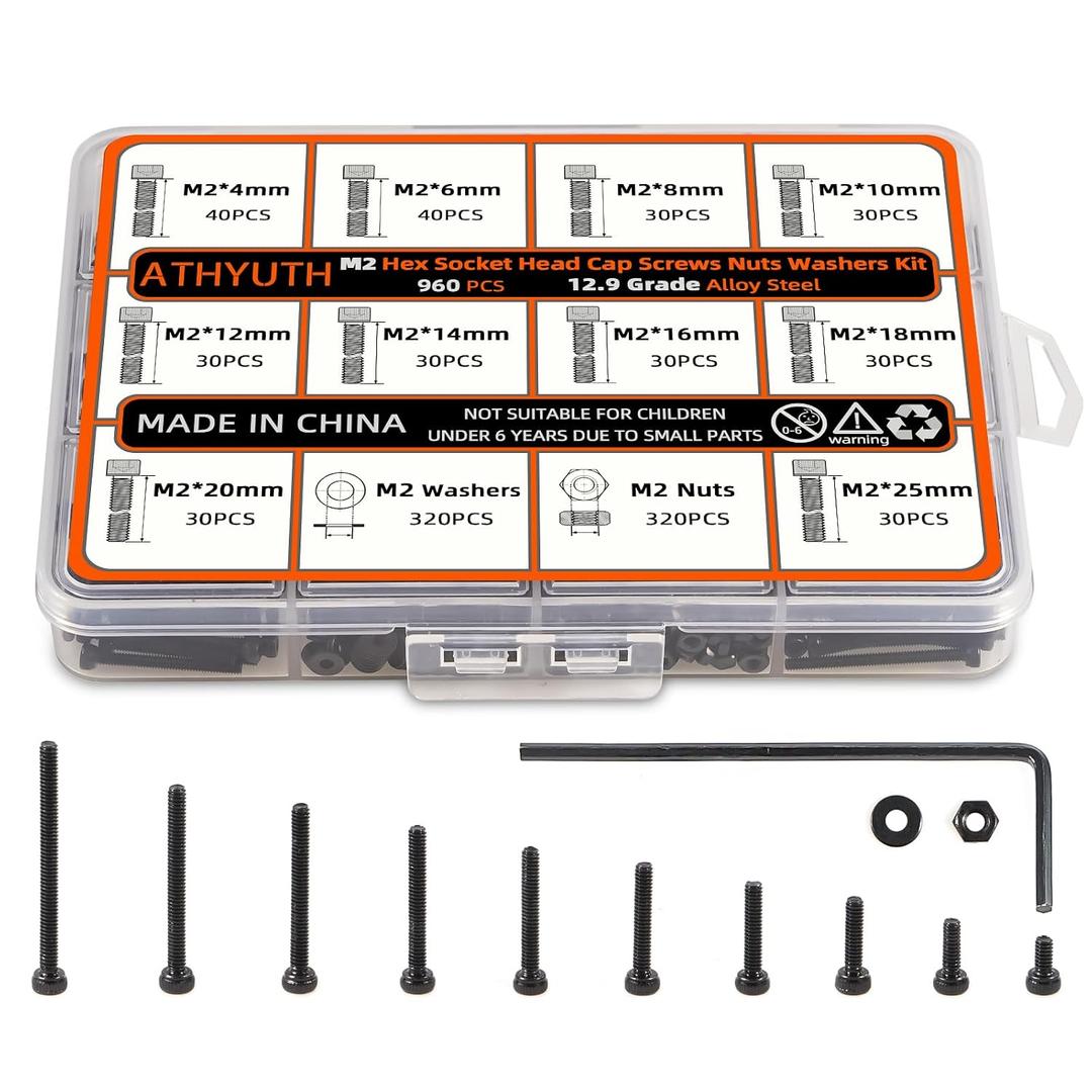 M2 Metric Hex Socket Head Cap Screws Assortment Kit, 960PCS, Black Alloy Steel, M2 Thread, Hex Head, Suitable for 3D Printers, Electronics, Furniture Repair, Mechanical Maintenance, Automotive