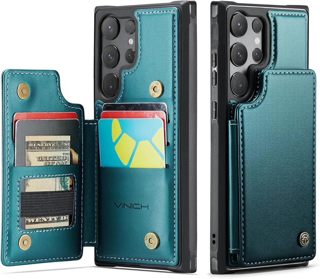Vinich for Samsung Galaxy S25 Ultra Wallet Case with Card Holder, RFID Blocking Credit Slots Kickstand Shockproof Phone Cover Fit for Galaxy S25 Ultra 6.9" Bluish Green
