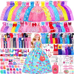 342 Pcs Doll Clothes and Accessories with Doll, Princess Gowns, Fashion Dresses, Top, Pants, Swimsuits, Shoes, Hangers and Other Accessories, Doll Playset Dress up Toy for Girls Toddlers Gift Toys
