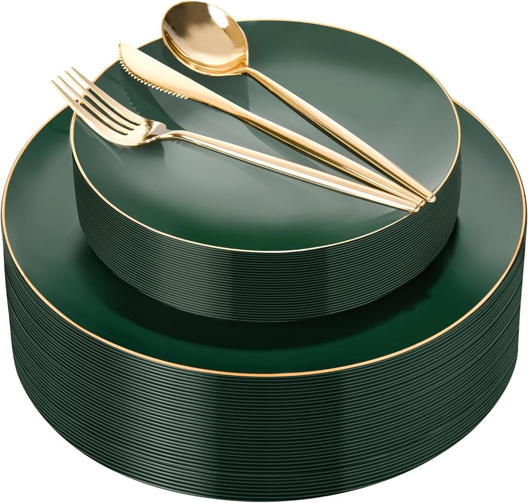 I00000 150Pcs Green Plastic Plates with Gold Rim,Green Disposable Plates Set include 30 Dinner Plate,30 Dessert Plate, 90 Gold Plastic Silverware Set for Party & Wedding