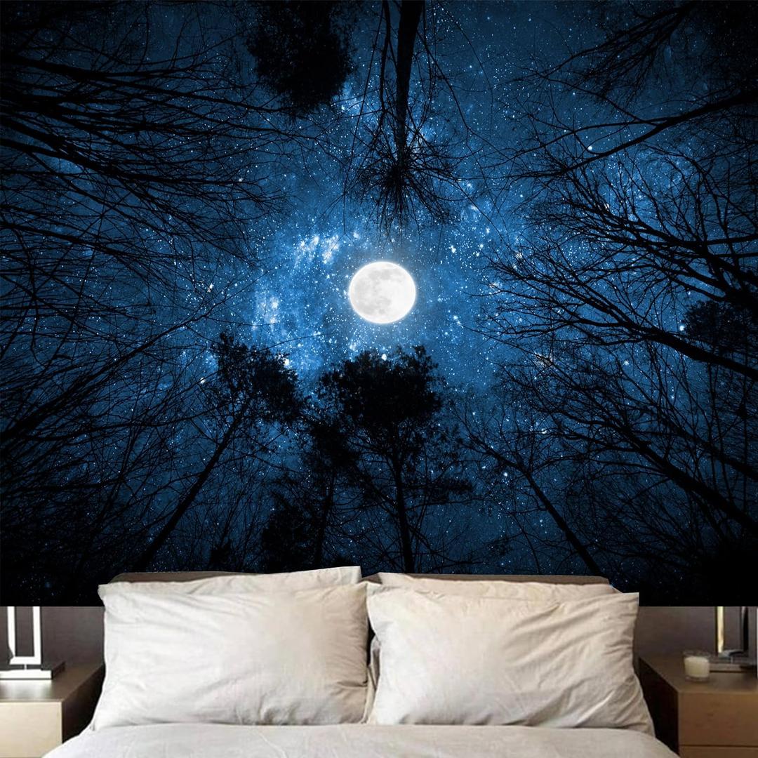 Algasan Forest Galaxy Starry Tapestry, Starry Night Sky Moon Stars Ceiling Tapestry Blue Space with Trees Nature Tapestries Wall Hanging for Bedroom Dorm Living Room (59" X 79")