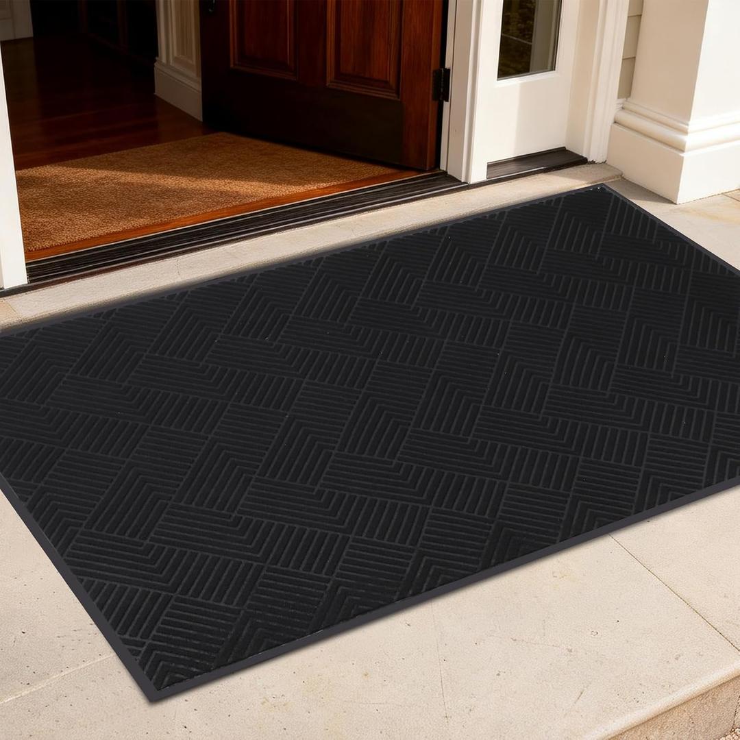 Front Door Mat Outside Entrance, 3' x 5' Oversized Heavy Duty Rubber Doormat, Large Low Profile Non Slip Door Mat, Trap Dirt and Moisture, Easy Clean Indoor Outdoor Entryway Mat, Black