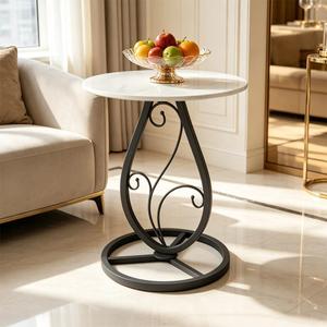 Round End Table Living Room, Small Side Table with Marble Top & Black Base