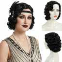 STfantasy Finger Wave Wig 1920s Retro Mid Length Long Curly Synthetic Hair for Women Cosplay Halloween Party Costume (Jet Black)