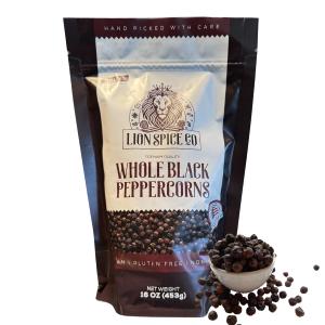 Lion Spice Co Recleaned Black Whole Peppercorn, Non-GMO, Gluten-Free, Resealable for Freshness, Bold & Aromatic for Grinder Refills, 6 Ounce, Pack of 1 (EXP 10/15/26)