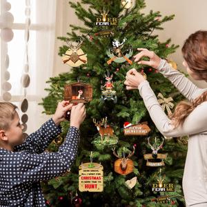 24 Pcs Deer Hunting Ornaments for Christmas Tree, Wooden Deer Hunting Decorative with Wild Life Hanging Ornaments for Xmas Tree Hunter Gifts