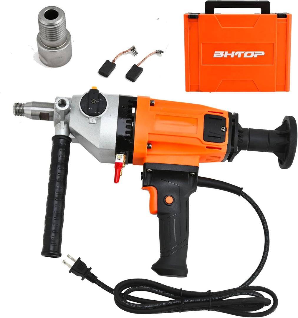 BHTOP Diamond Core Drilling Machine, 4 inch Handheld Wet Concrete Core Drill Rig, 1350/2350RPM Two Speed & 1-1/4" Thread & 2 Bubble Levels, 3-4" Drilling Diameter for Concrete Brick Block Stone