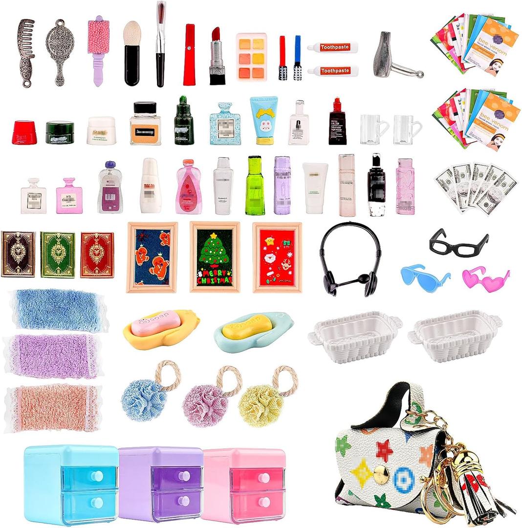 87Pcs Dollhouse Miniature Bathroom Accessories Cosmetic & Toilet Pretend Play Mini Makeup Set with Shampoo Perfume Hair Dryer Comb Purse Decor DIY Doll Backpack Glasses Photo Frame Salon Spa