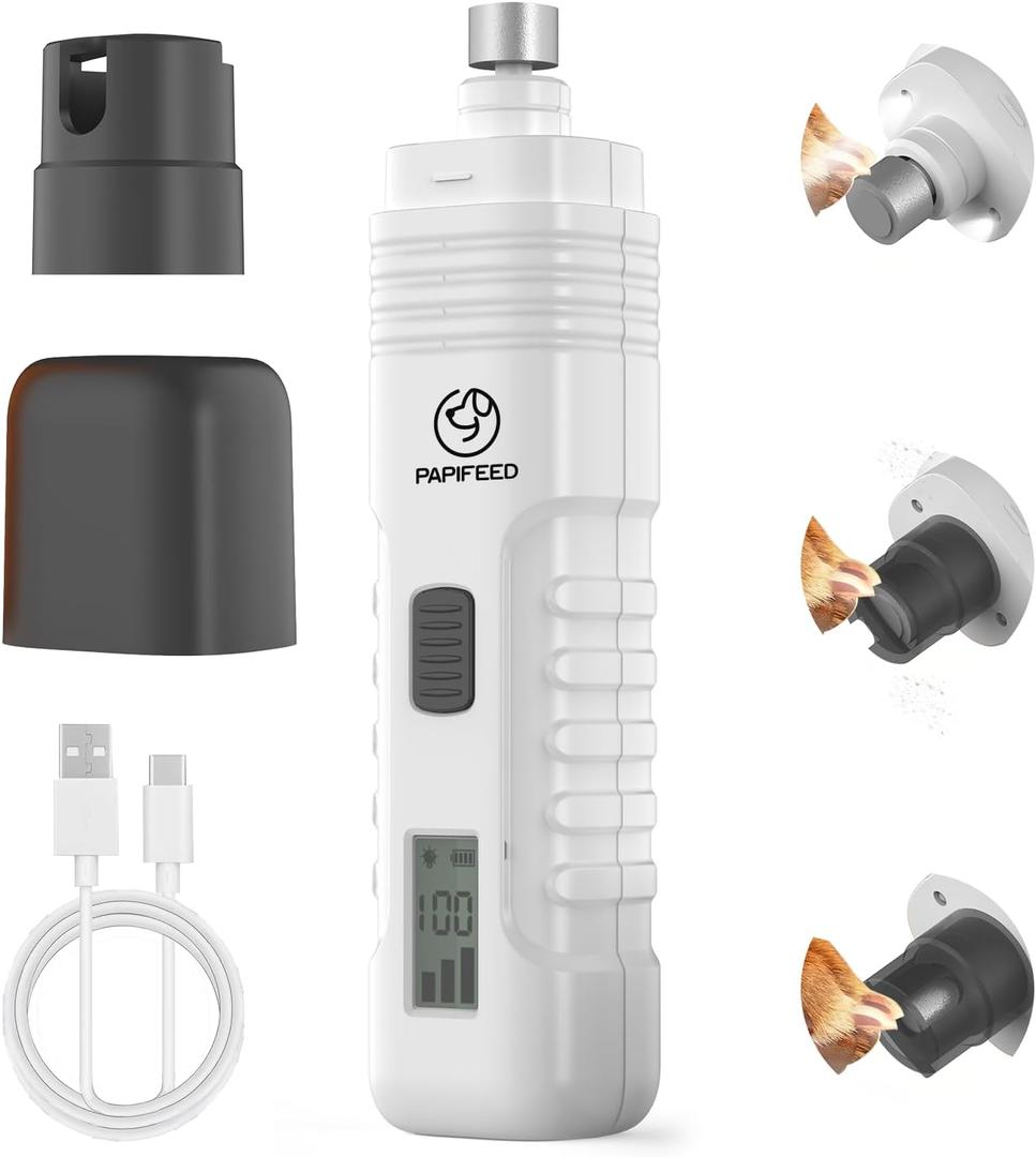 PAPIFFEED Dog Nail Grinder with LCD Display Quiet Electric Nail Trimmer with Dual LED Light, Safe for Black & Thick Nails, Rechargeable for Small Medium Large Dogs & Cats (White)
